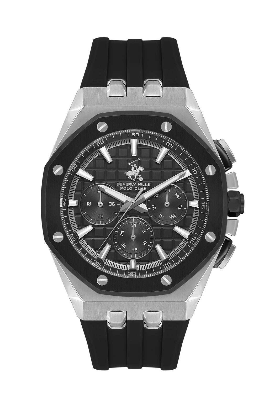Beverly Hills Polo Club Men's Analog Watch, Black Dial Multi-Function With Black Silicon Strap, BP3624X.351