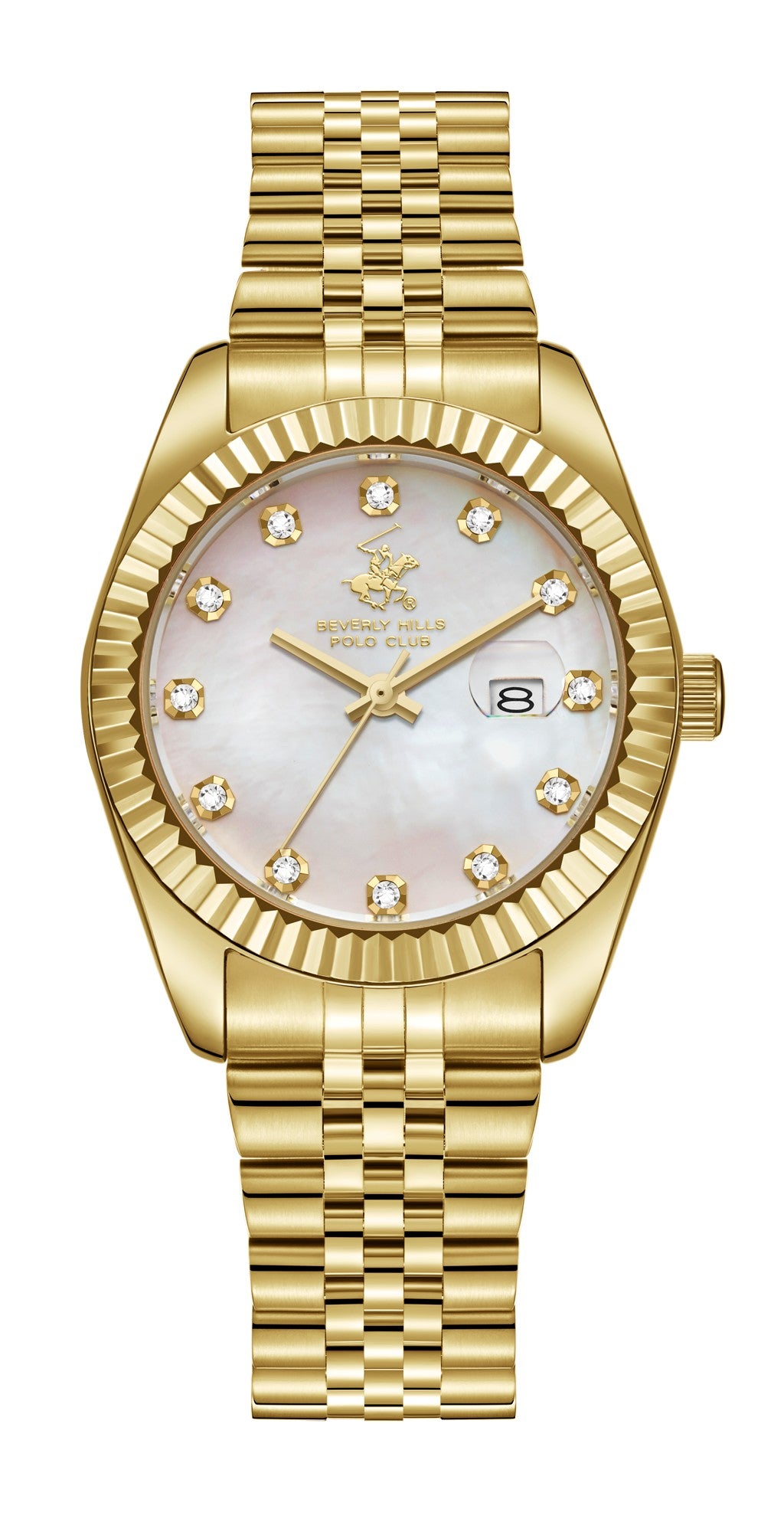 Beverly Hills Polo Club Women's Date Analog Watch with White Mother of Pearl Dial and Gold Stainless Steel Band, BP3654X.120