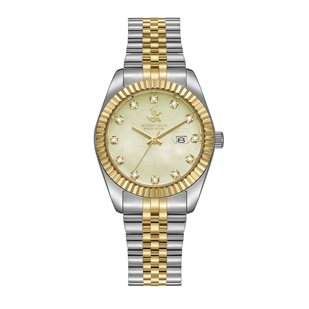 Beverly Hills Polo Club Women's Date Analog Watch with Light Champagne Dial and Silver and Gold Stainless Steel Band, BP3654X.210