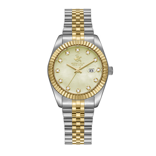 Beverly Hills Polo Club Women's Date Analog Watch with Light Champagne Dial and Silver and Gold Stainless Steel Band, BP3654X.210
