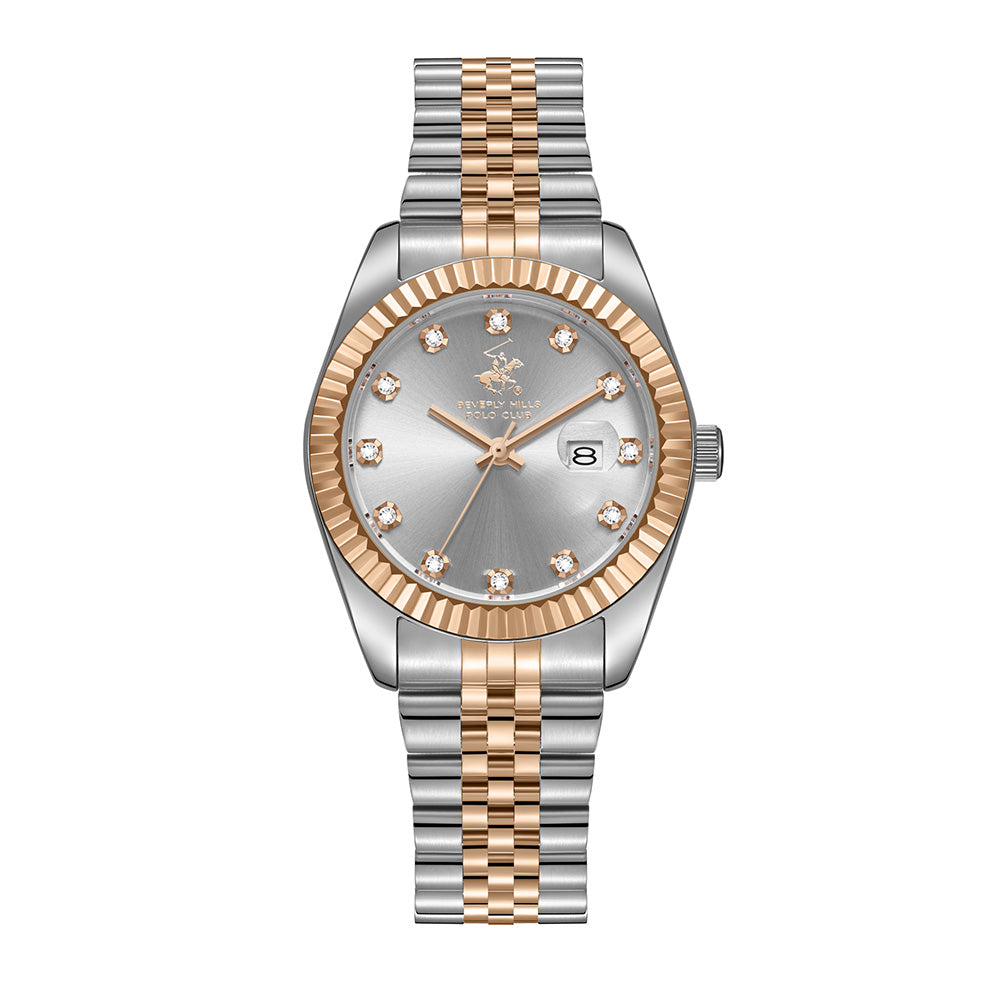 Beverly Hills Polo Club Women's Date Analog Watch with Silver Dial and Silver and rose-gold-111 Stainless Steel Band, BP3654X.530