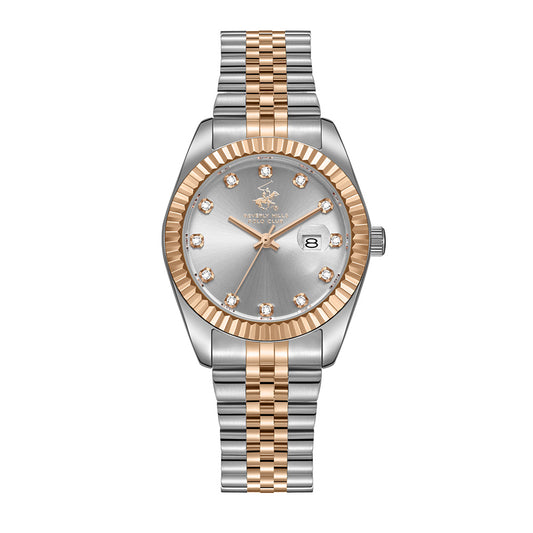 Beverly Hills Polo Club Women's Date Analog Watch with Silver Dial and Silver and rose-gold-111 Stainless Steel Band, BP3654X.530