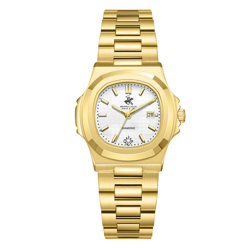Beverly Hills Polo Club Women's Diamond Accent Date Analog Watch with White Dial and Gold Stainless Steel Band, BP3780X.130