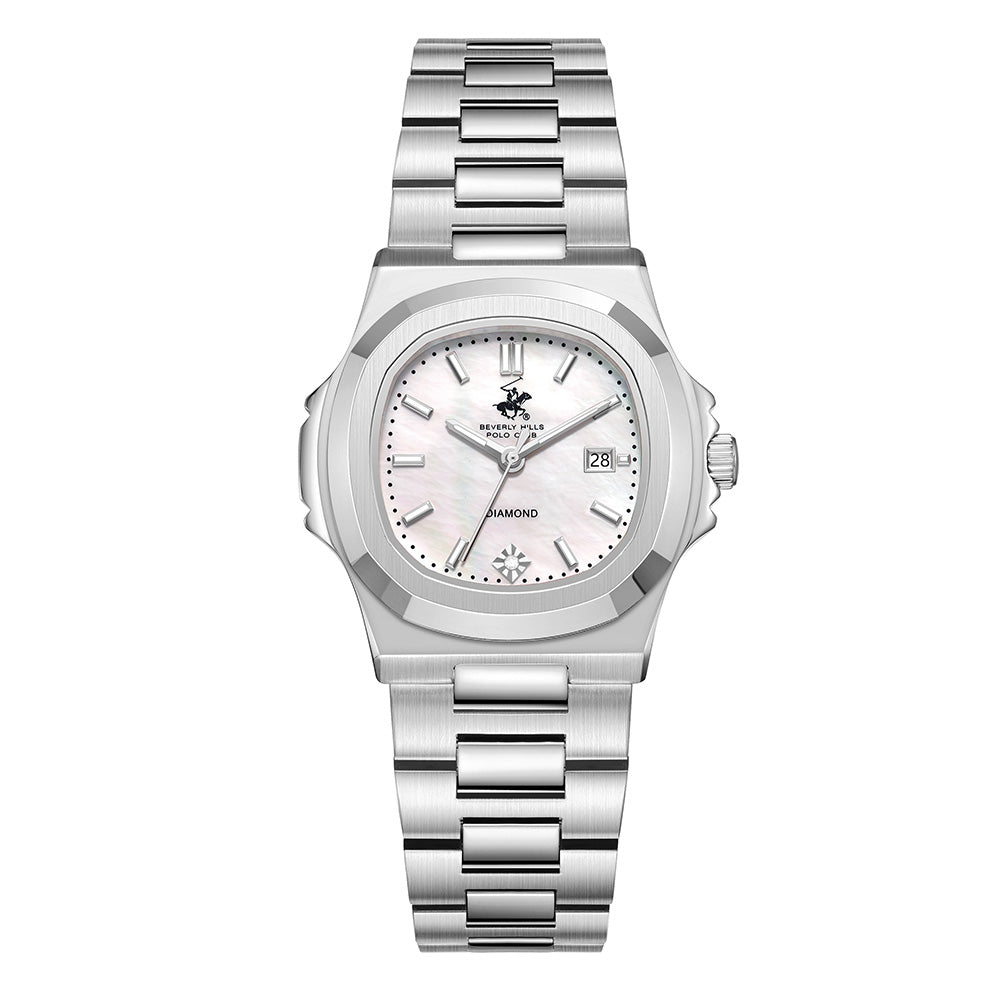 Beverly Hills Polo Club Women's Date Analog Watch with Mother of Pearl Dial and Silver Stainless Steel Band, BP3780X.320