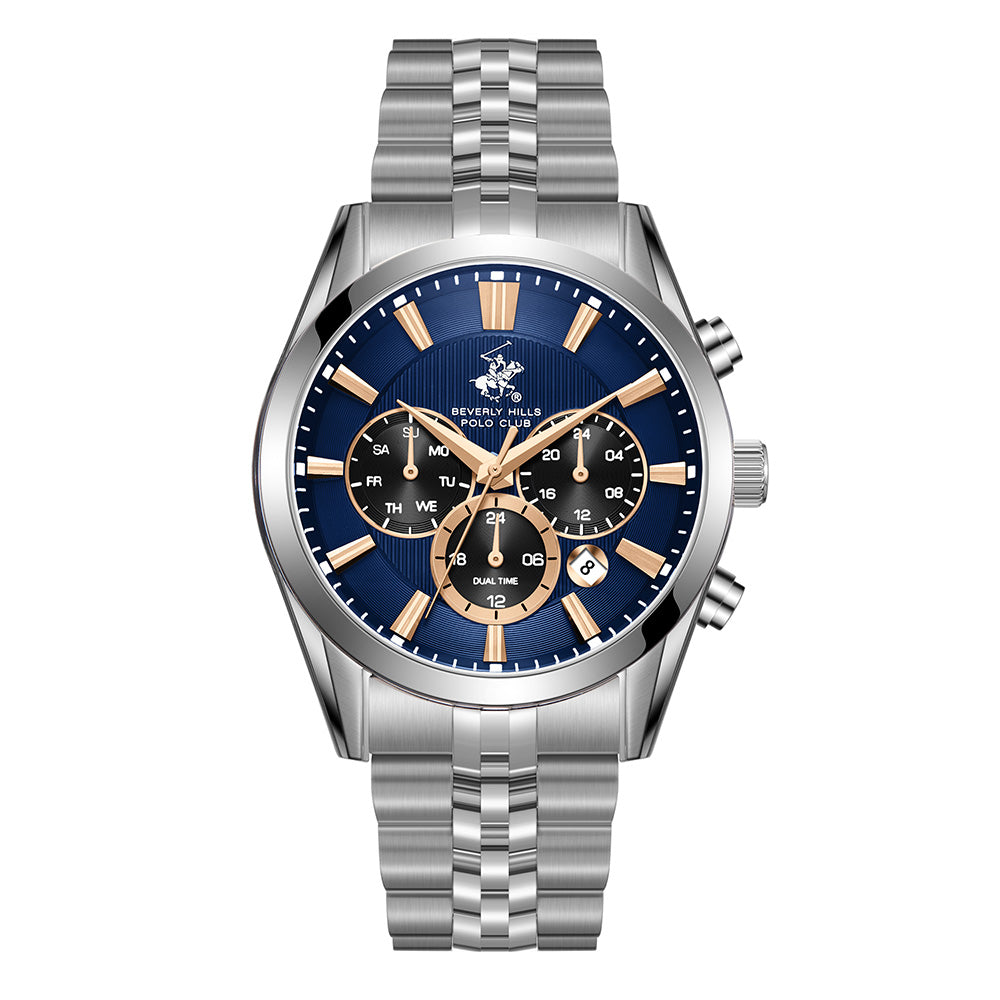 Beverly Hills Polo Club Men's Multifunction Watch with Dark Blue Dial and Silver Stainless Steel Band, BP3782X.391