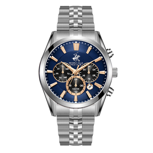 Beverly Hills Polo Club Men's Multifunction Watch with Dark Blue Dial and Silver Stainless Steel Band, BP3782X.391