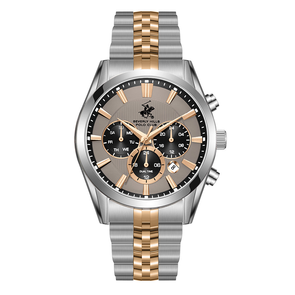 Beverly Hills Polo Club Men's Multifunction Watch with White Mother of Pearl Dial and Silver and rose-gold-111 Stainless Steel Band, BP3782X.560