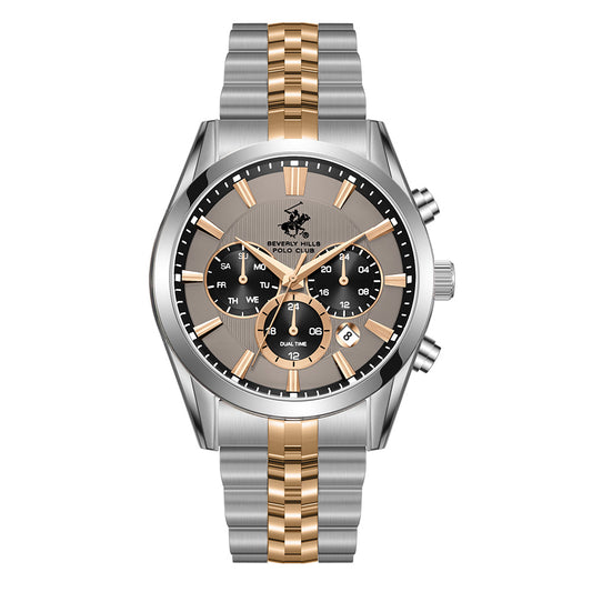 Beverly Hills Polo Club Men's Multifunction Watch with White Mother of Pearl Dial and Silver and rose-gold-111 Stainless Steel Band, BP3782X.560