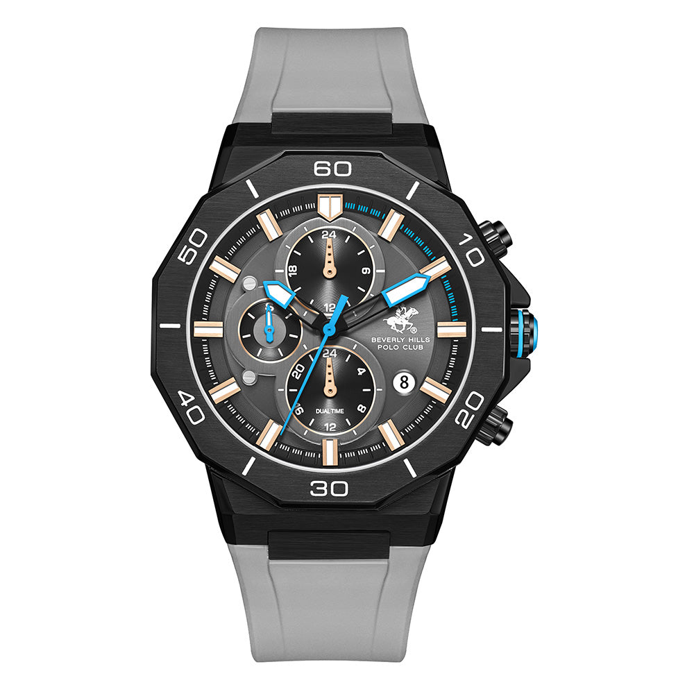 Beverly Hills Polo Club Men's Multifunction Watch with Black Dial and Grey Silicone Band, BP3784X.066