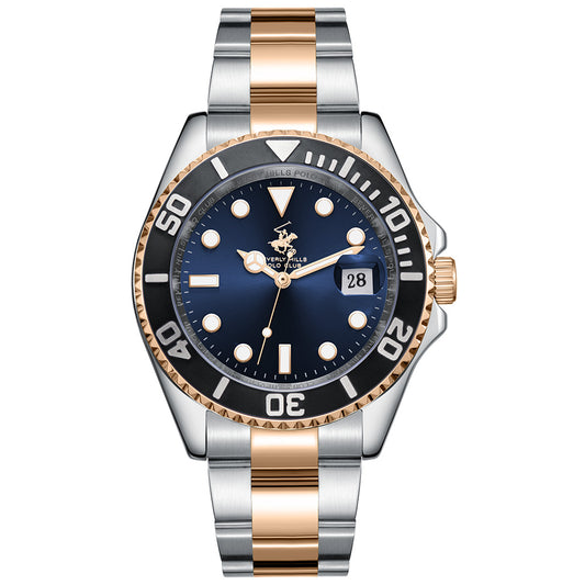 Beverly Hills Polo Club Men's Date Analog Watch with Dark Blue Dial and Silver and rose-gold-111 Stainless Steel Band, BP3797X.590