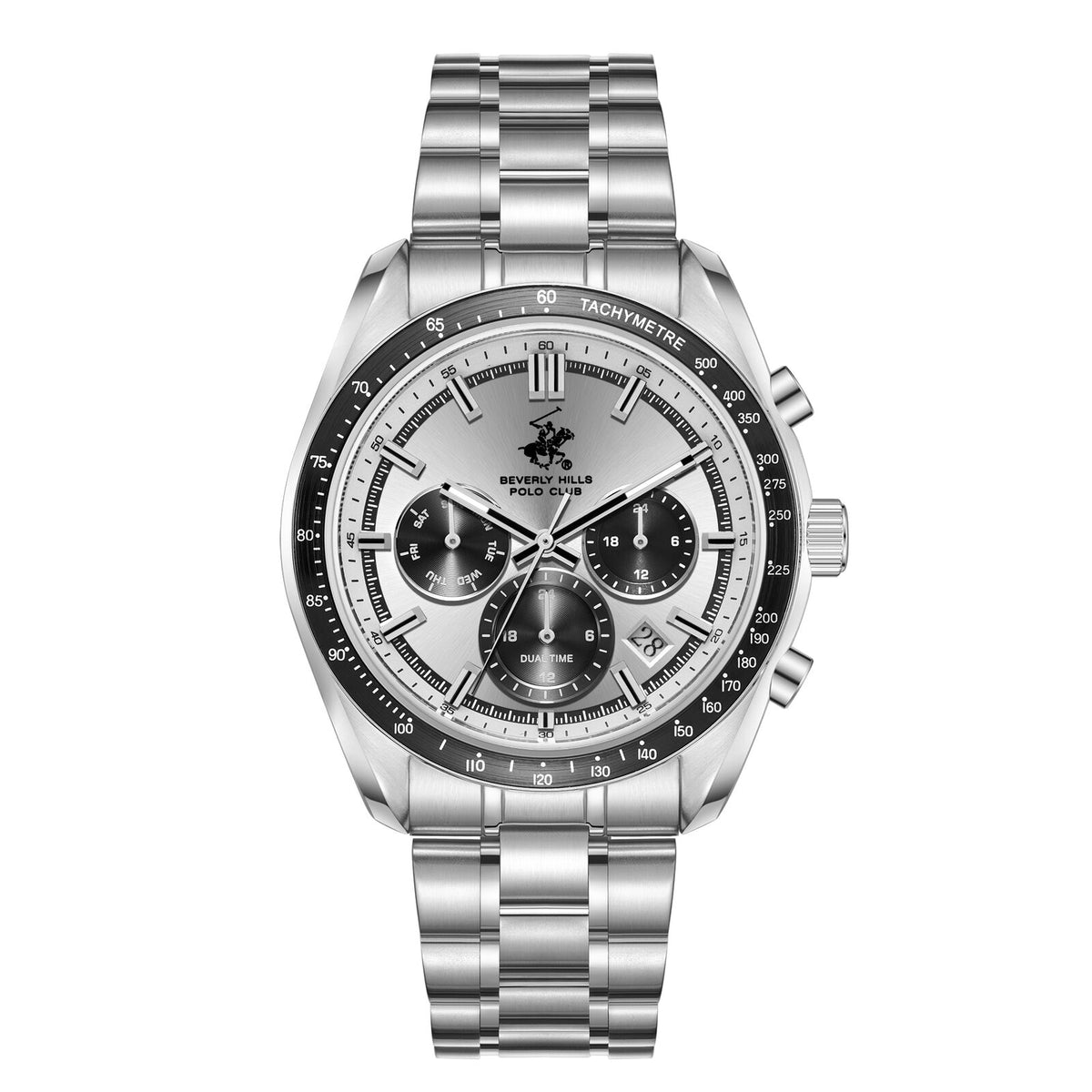 Beverly Hills Polo Club Men's Analog Watch, Silver Dial Multi-Function Silver Stainless Steel Band, BP3814X.330