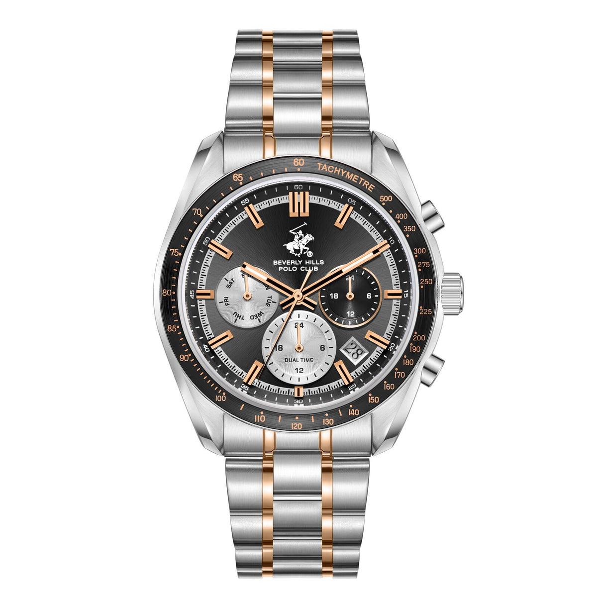 Beverly Hills Polo Club Men's Analog Watch, Black Dial Multi-Function Silver Stainless Steel Band, BP3814X.550