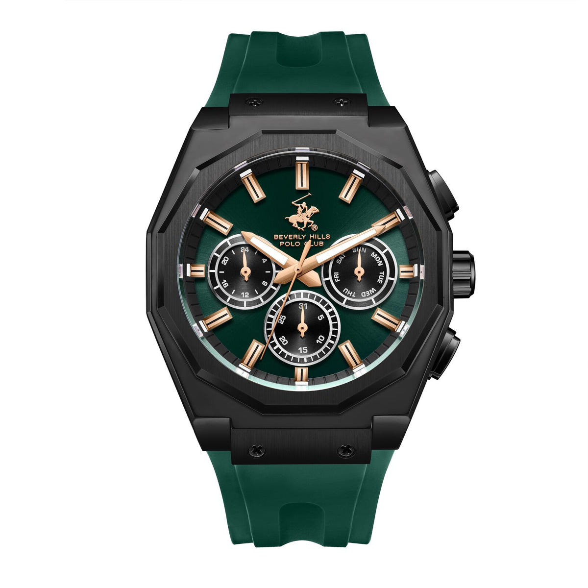 Beverly Hills Polo Club Men's Analog Watch, Black Dial Multi-Function With Green Silicon Strap, BP3815X.675