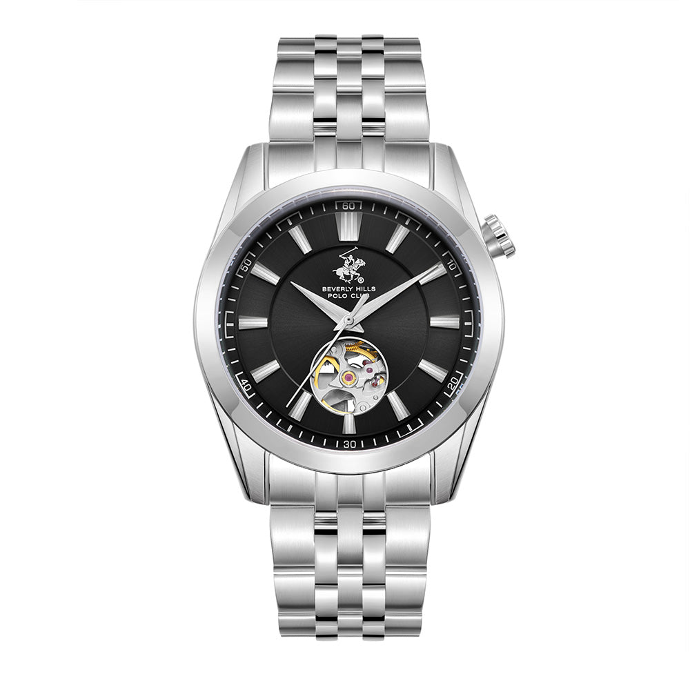 Beverly Hills Polo Club Men's Automatic Watch with Black Dial and Silver Stainless Steel Band, BP3816X.350