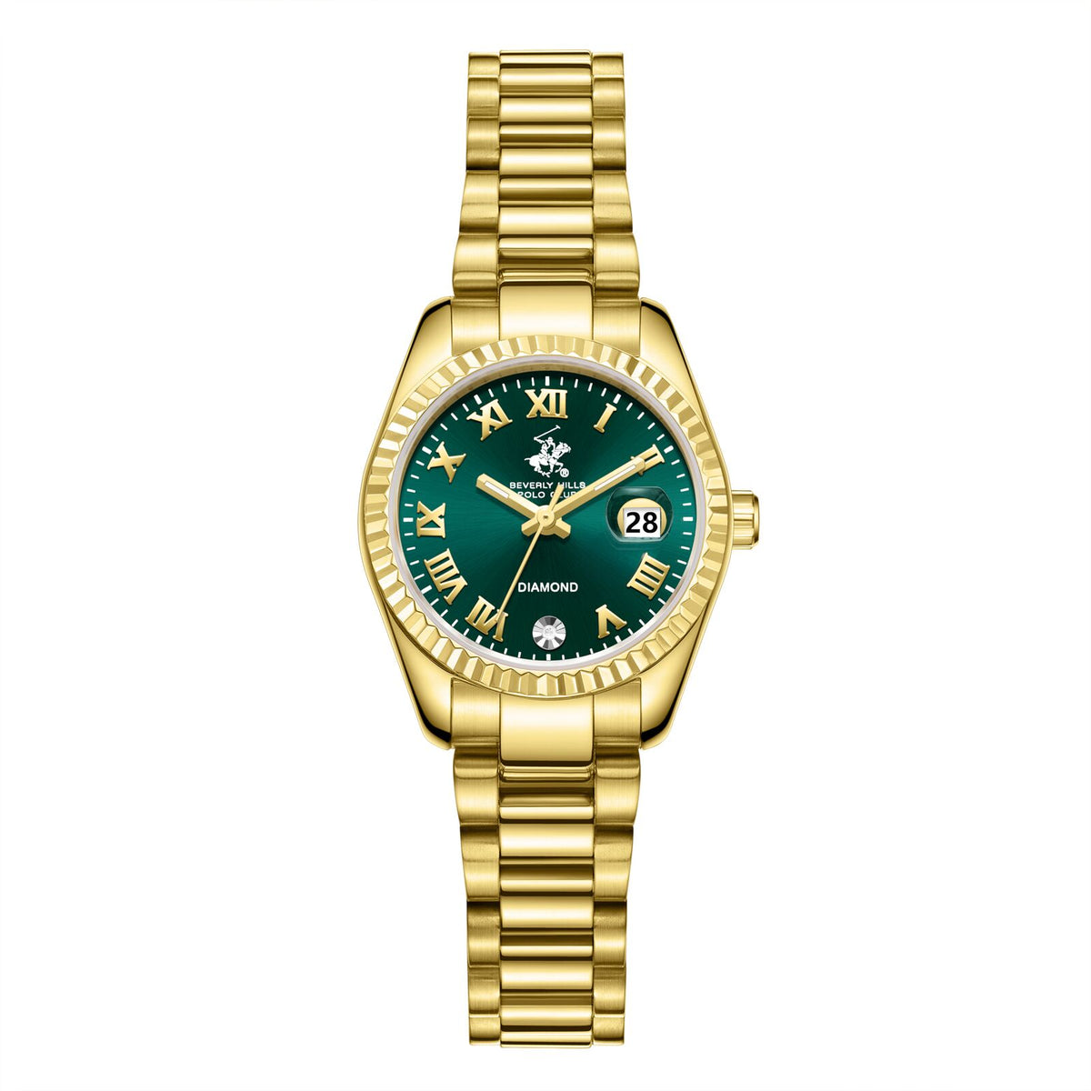 Beverly Hills Polo Club Women's Analog Watch, Green Dial  With Golden Stainless Steel Band, BP3819X.170