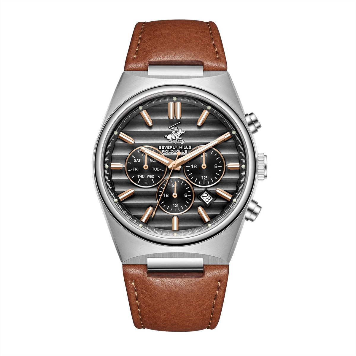 Beverly Hills Polo Club Men's Analog Watch, Gun Dial  With Light Brown Leather Strap, BP3821X.364