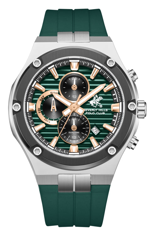 Beverly Hills Polo Club Men's Analog Watch, Green Dial Multi-Function With Green Silicon Strap, BP3822X.375