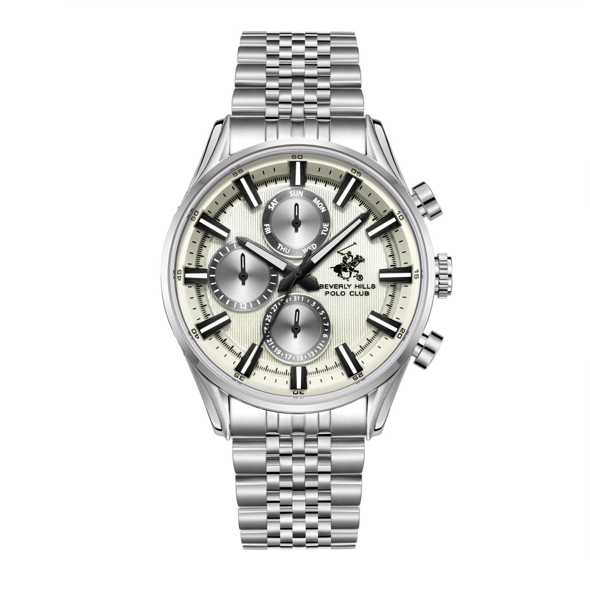 Beverly Hills Polo Club Men's Analog Watch, Silver Dial Multi-Function With Silver Stainless-Steel Band, BP3823X.360