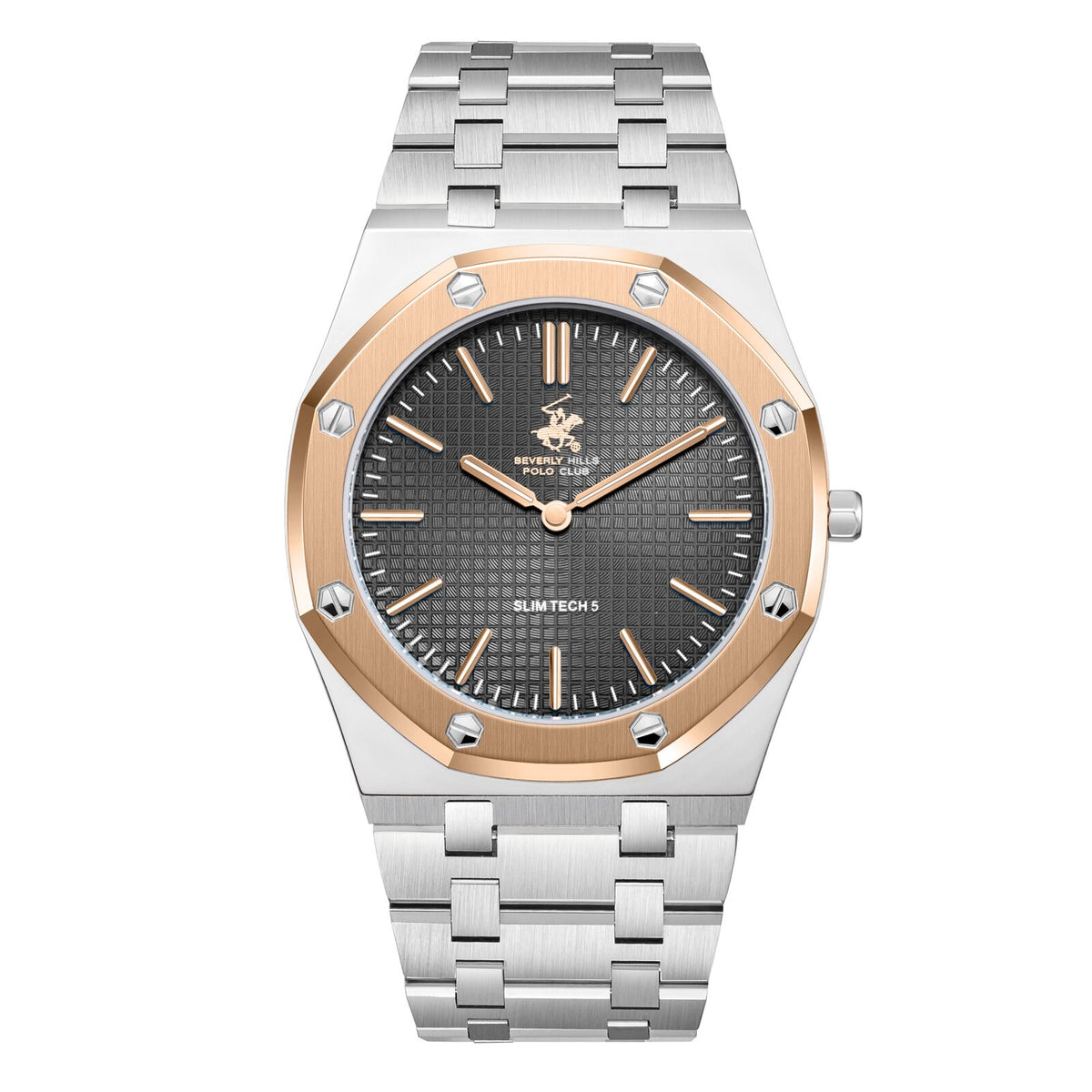 Beverly Hills Polo Club Men's Slim Analog Watch, Gun Dial  With Silver Metal Band, BP3825X.560