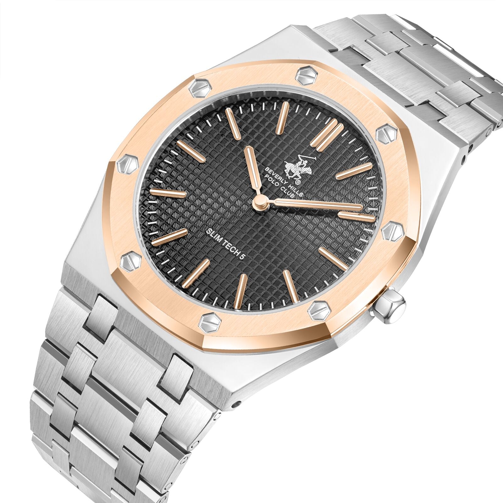 Beverly Hills Polo Club Men's Slim Analog Watch, Gun Dial  With Silver Metal Band, BP3825X.560