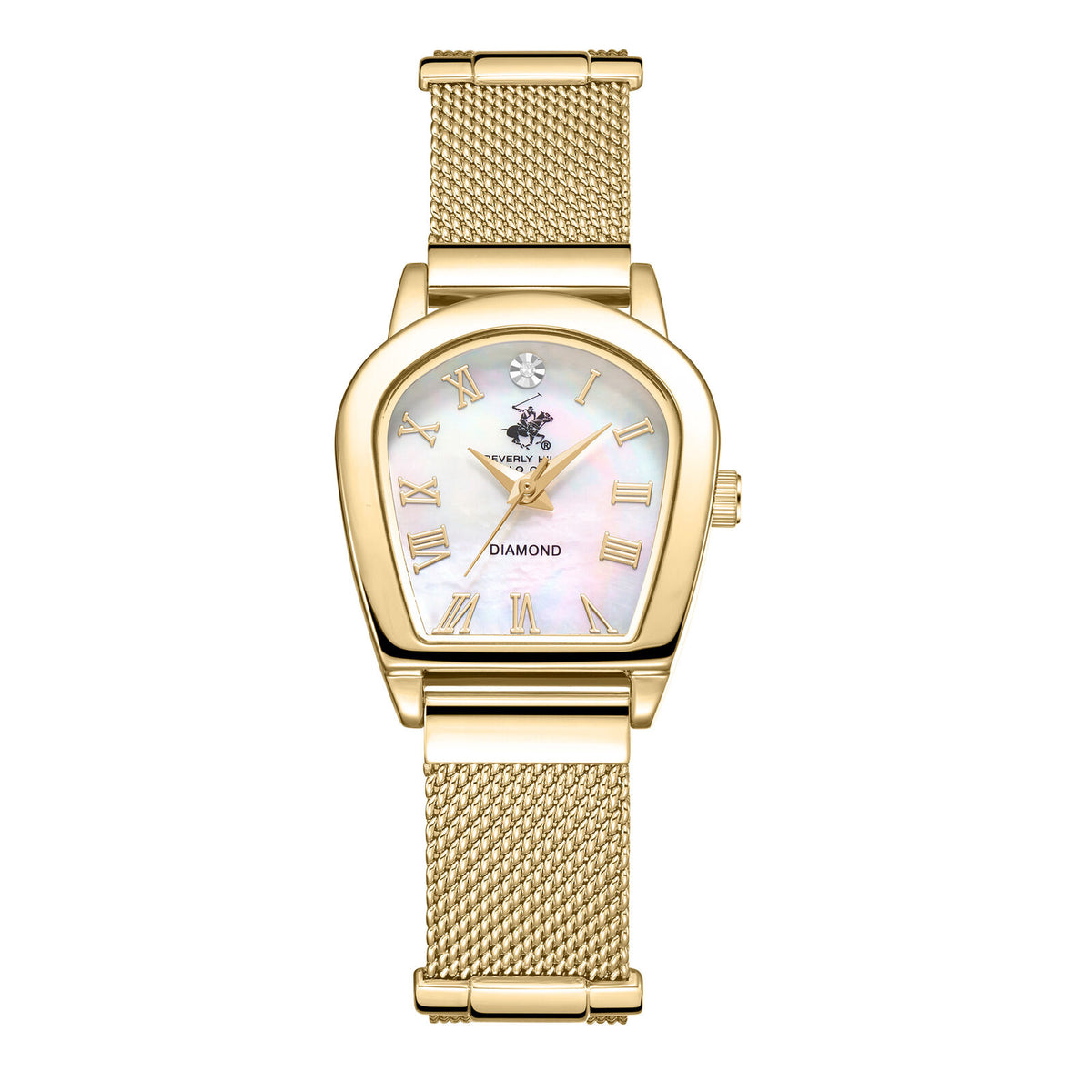 Beverly Hills Polo Club Women's Analog Watch, Mother Of Pearl Dial  With Golden Stainless Steel Mesh Band, BP3826C.120