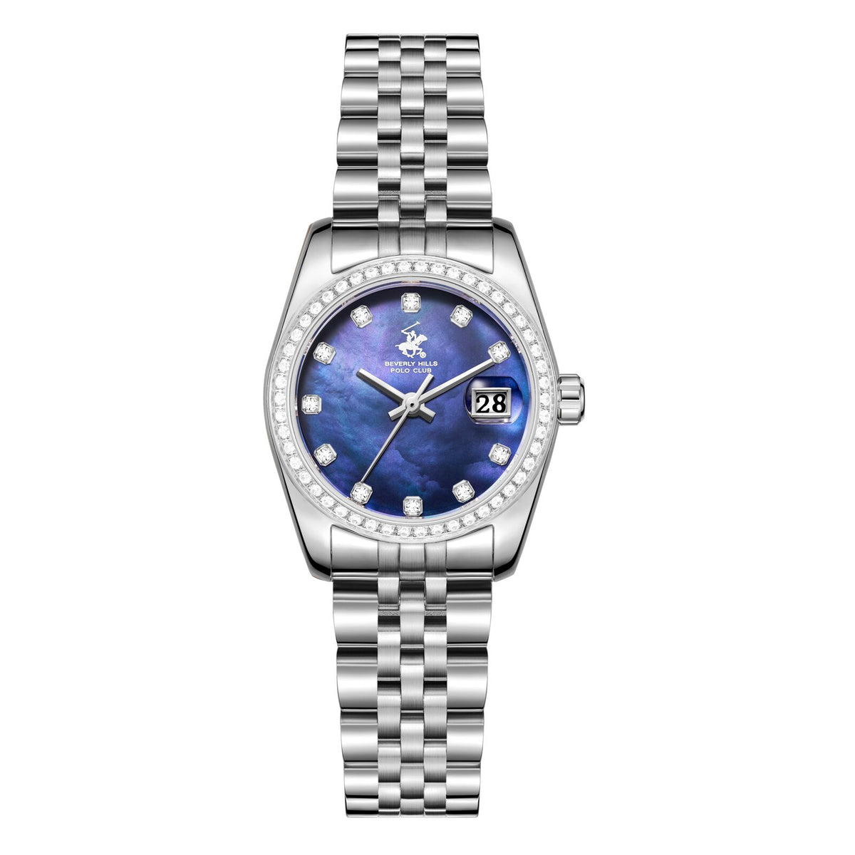 Beverly Hills Polo Club Women's Analog Watch, Blue Mother Of Pearl Dial  With Silver Stainless Steel Band, BP3828X.390
