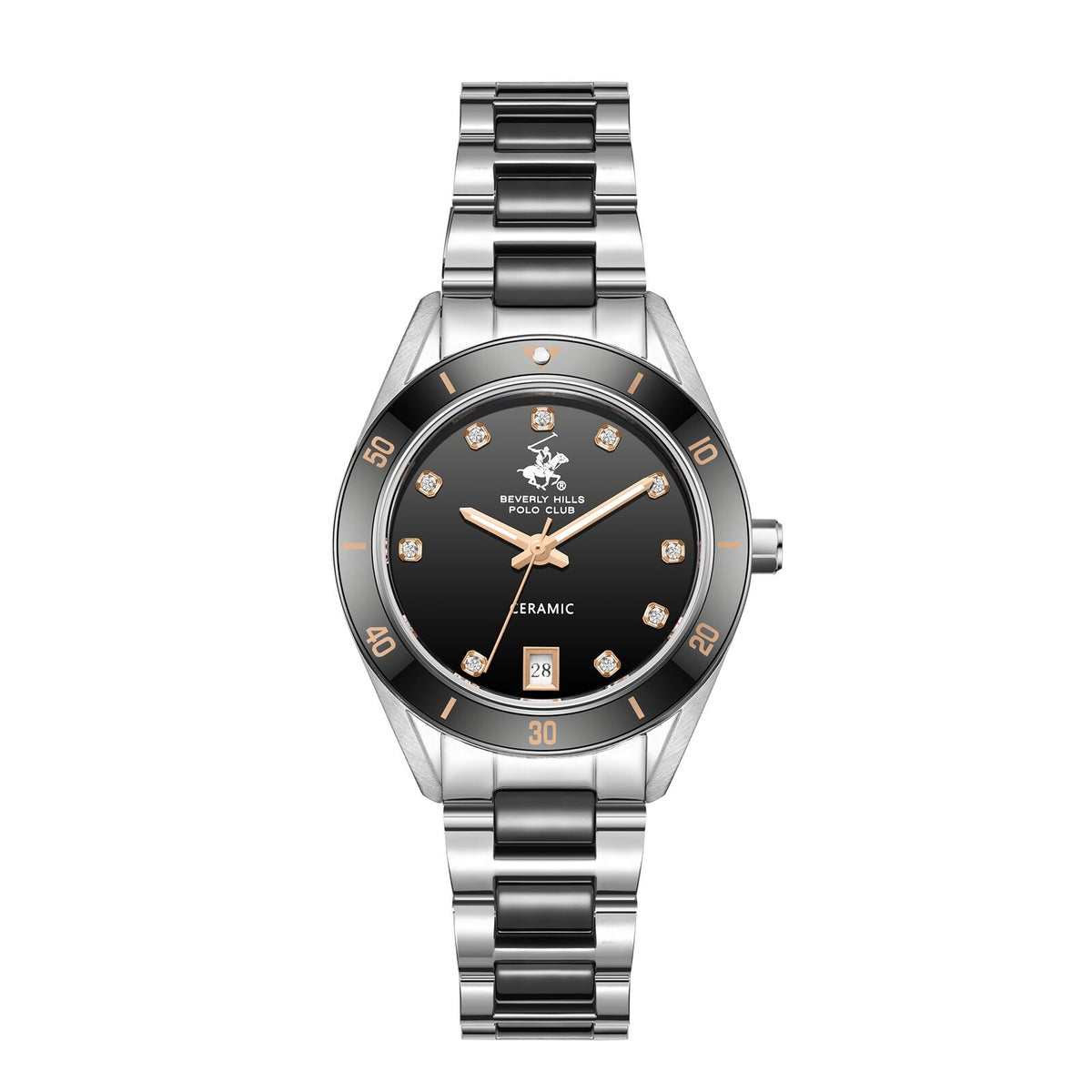 Beverly Hills Polo Club Women's Analog Watch, Black Dial  With Silver Stainless Steel & Ceramic Band, BP3829X.350