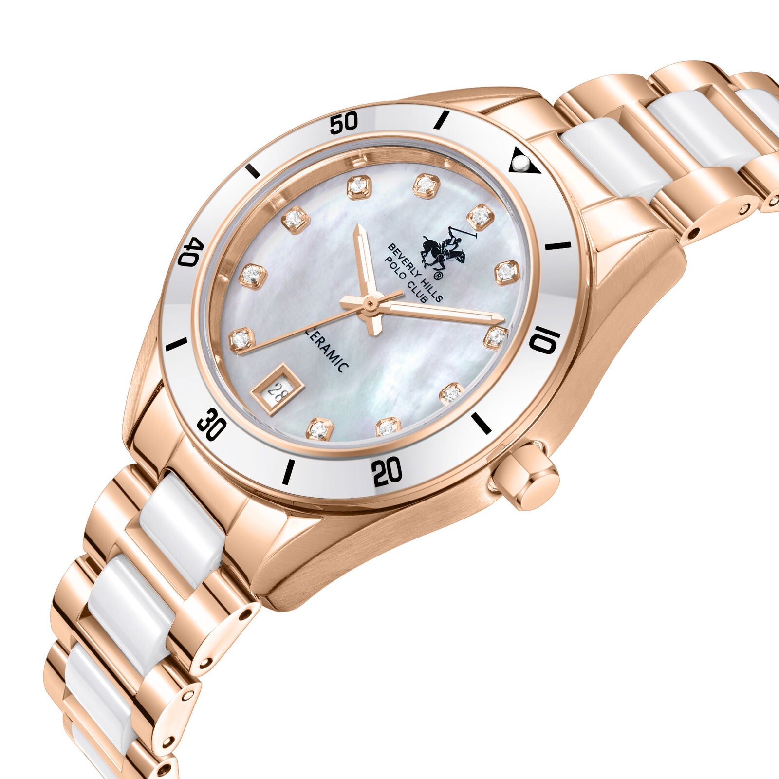 Beverly Hills Polo Club Women's Analog Watch, Mother Of Pearl Dial  With Stainless Steel & Ceramic Band, BP3829X.420