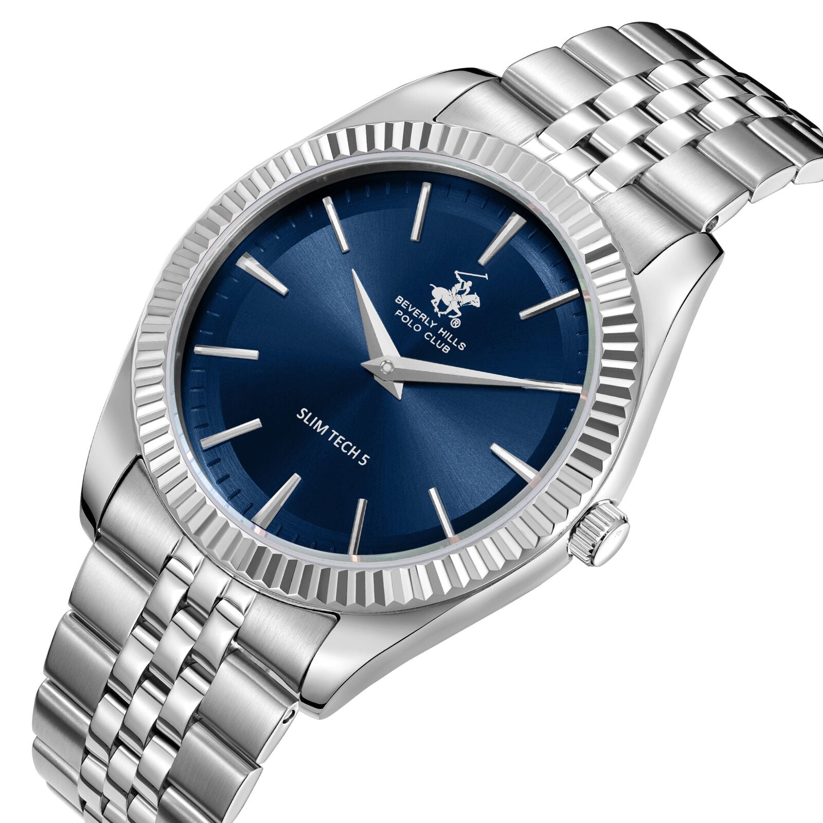 Beverly Hills Polo Club Men's Slim Analog Watch, Blue Dial  With Silver Stainless Steel Band, BP3830X.390