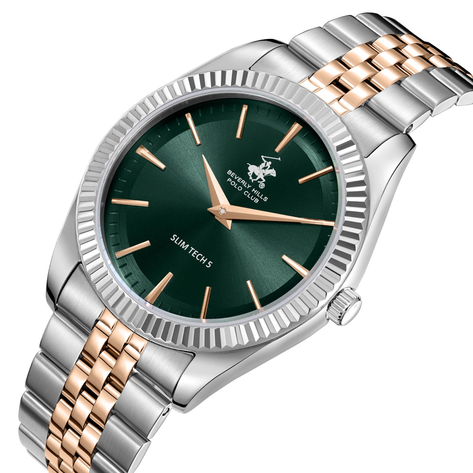 Beverly Hills Polo Club Men's Slim Analog Watch, Green Dial  With Two Tone Stainless Steel Band, BP3830X.570