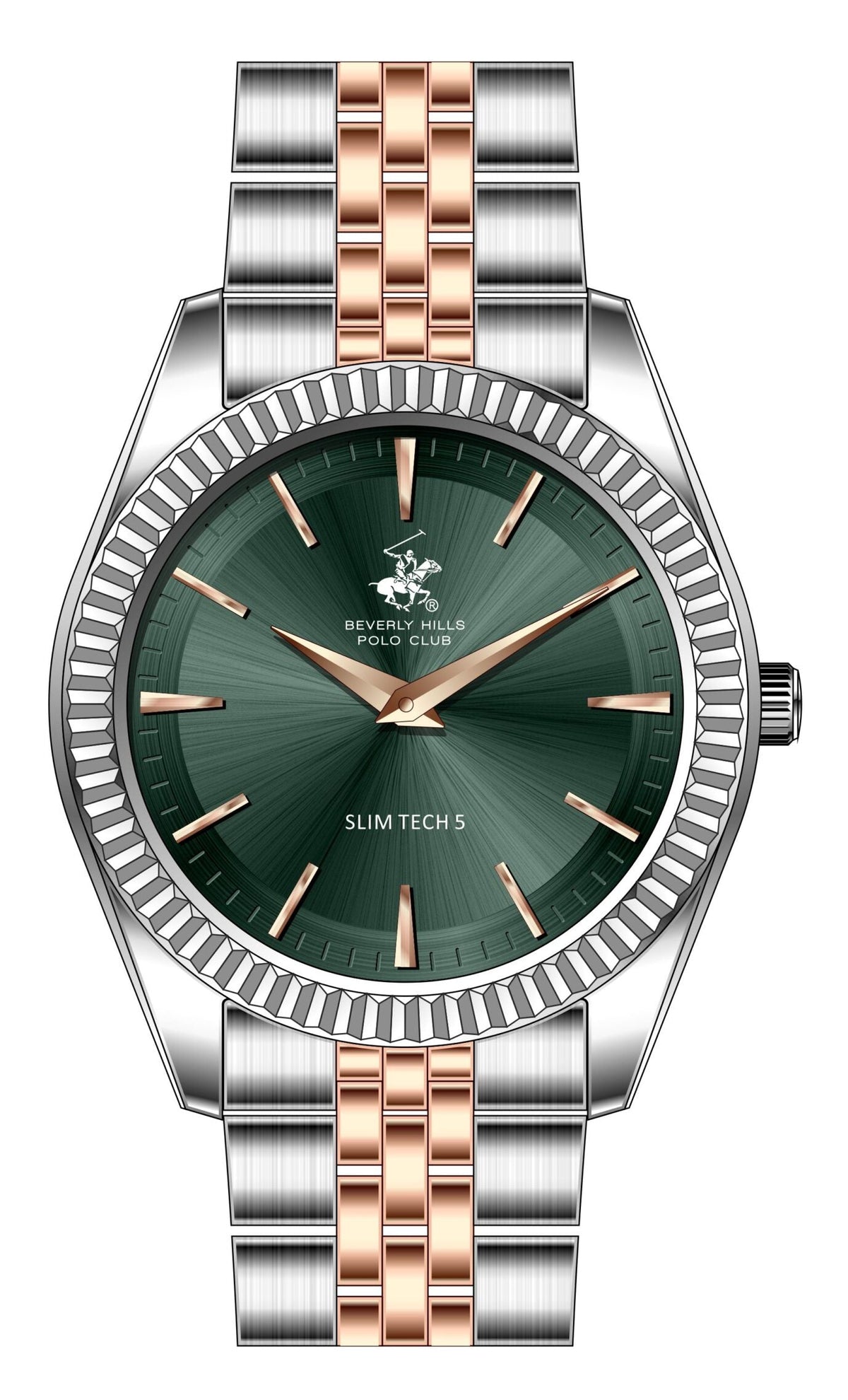 Beverly Hills Polo Club Men's Slim Analog Watch, Green Dial  With Two Tone Stainless Steel Band, BP3830X.570