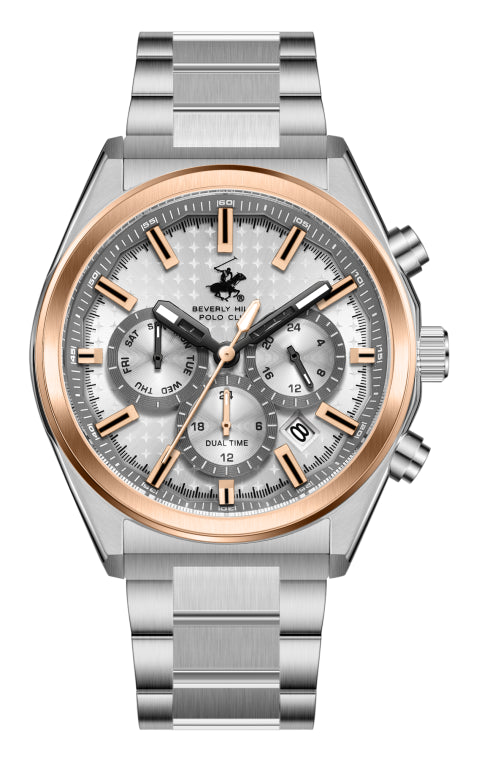 Beverly Hills Polo Club Men's Analog Watch, Black Dial Multi-Function With Silver Stainless-Steel Band, BP3831X.350