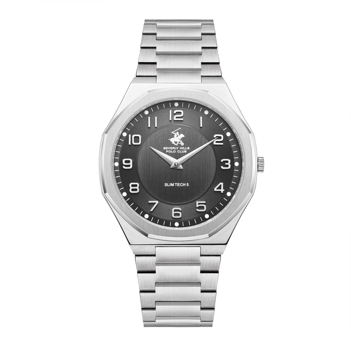 Beverly Hills Polo Club Men's Analog Watch, Gun Dial  With Silver Stainless Steel Band, BP3832X.350