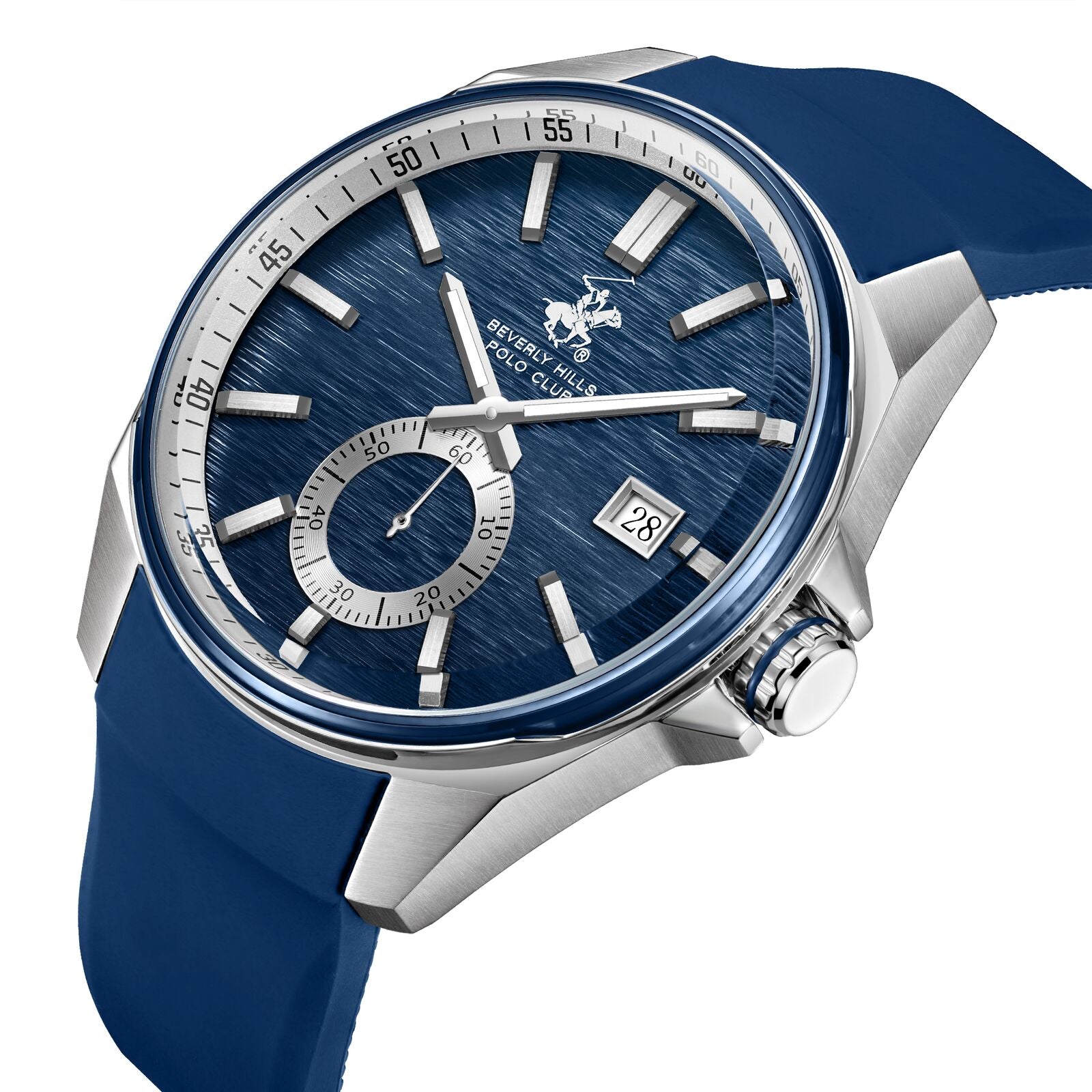 Beverly Hills Polo Club Men's Analog Watch, Silver Dial Multi-Function With Blue Silicon Strap, BP3837X.339