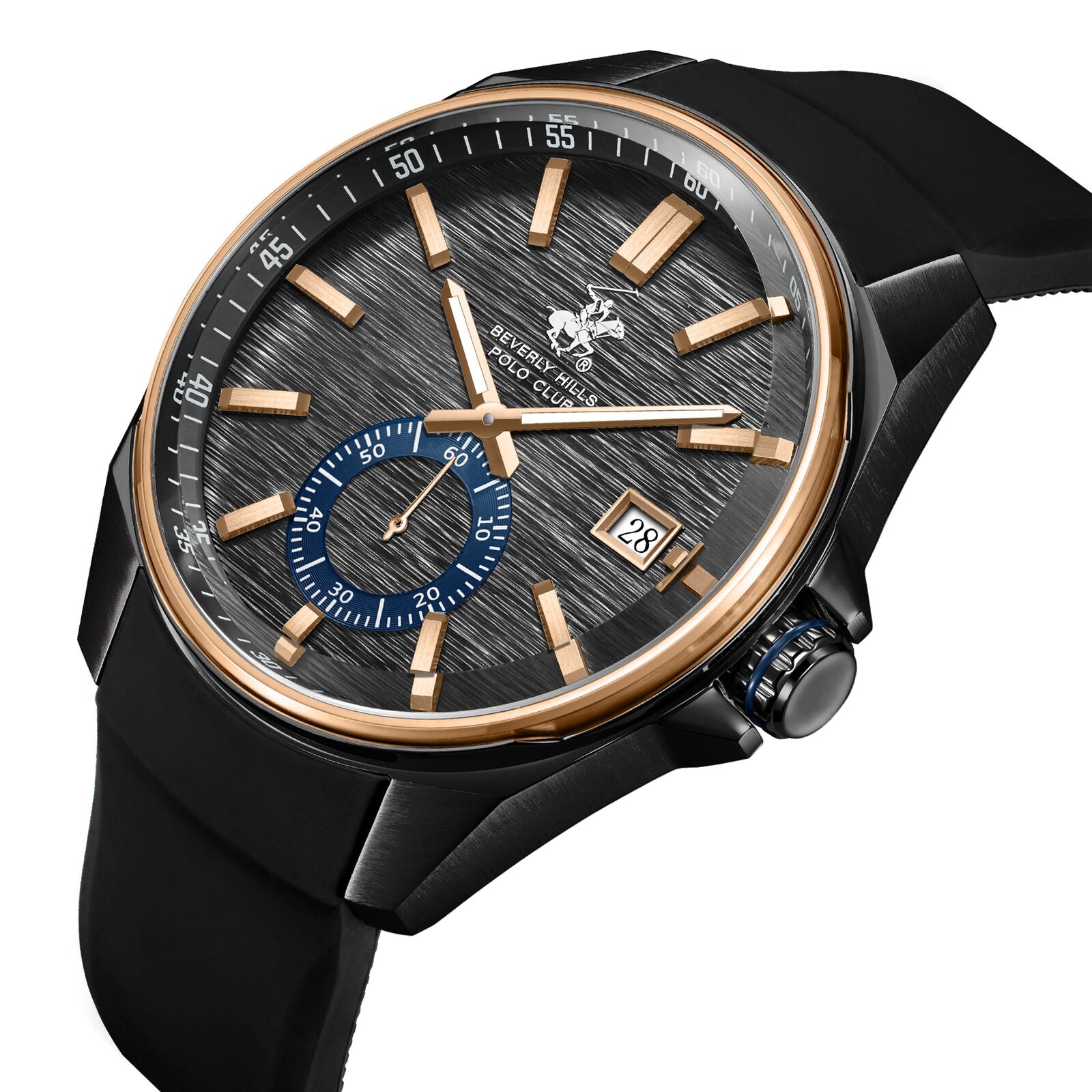 Beverly Hills Polo Club Men's Analog Watch, Gun Black Dial Multi-Function With Black Silicon Strap, BP3837X.651