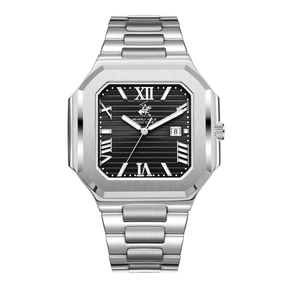 Beverly Hills Polo Club Men's Analog Watch, Gun Black Dial  With Silver Stainless Steel Band, BP3845X.350