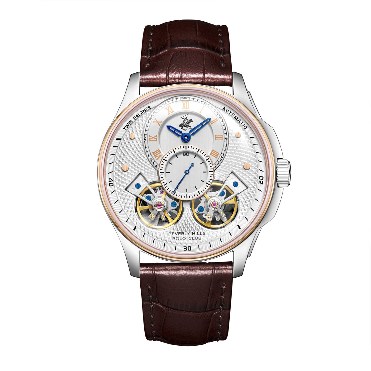 Beverly Hills Polo Club Men's Automatic Watch, Silver Dial Multi-Function With Brown Leather Strap, BP3847X.532