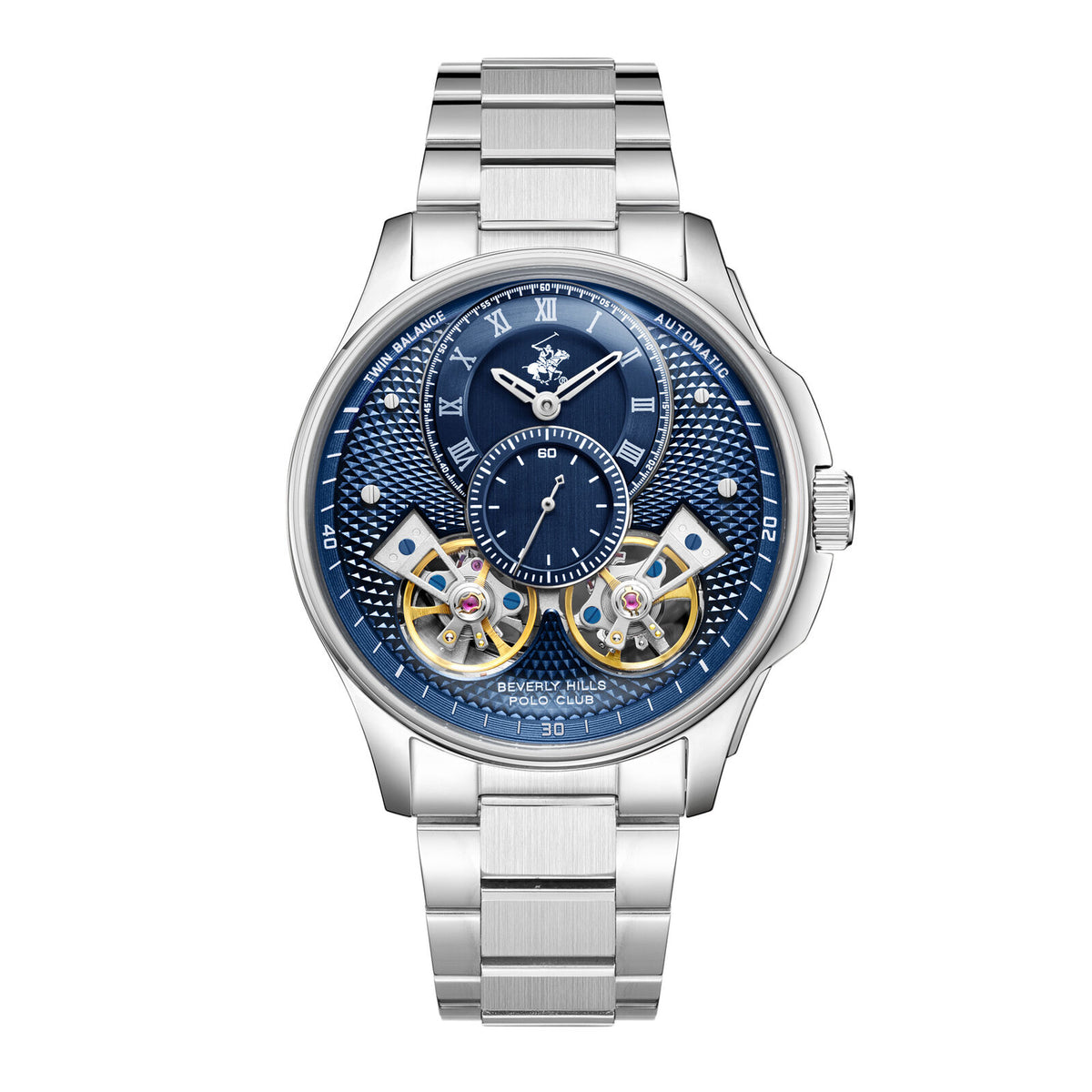 Beverly Hills Polo Club Men's Automatic Watch, Blue Dial Multi-Function With Silver Stainless-Steel Band, BP3848X.390