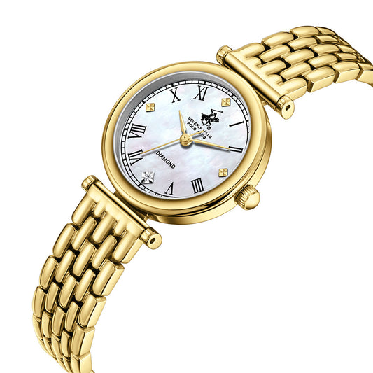 Beverly Hills Polo Club Women's Diamond Accent Analog Watch with White Mother of Pearl Dial and Gold Stainless Steel Band, BP3894X.120
