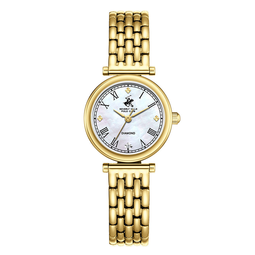 Beverly Hills Polo Club Women's Diamond Accent Analog Watch with White Mother of Pearl Dial and Gold Stainless Steel Band, BP3894X.120