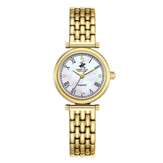 Beverly Hills Polo Club Women's Diamond Accent Analog Watch with White Mother of Pearl Dial and Gold Stainless Steel Band, BP3894X.120