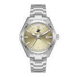 Beverly Hills Polo Club Men's Date Analog Watch with Gold Dial and Silver Stainless Steel Band, BP3896X.310
