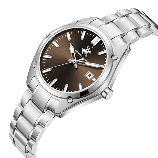 Beverly Hills Polo Club Men's Date Analog Watch with Dark Brown Dial and Silver Stainless Steel Band, BP3896X.340