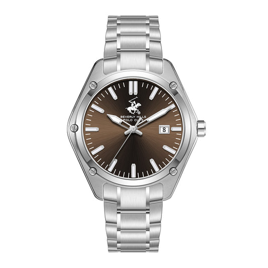Beverly Hills Polo Club Men's Date Analog Watch with Dark Brown Dial and Silver Stainless Steel Band, BP3896X.340