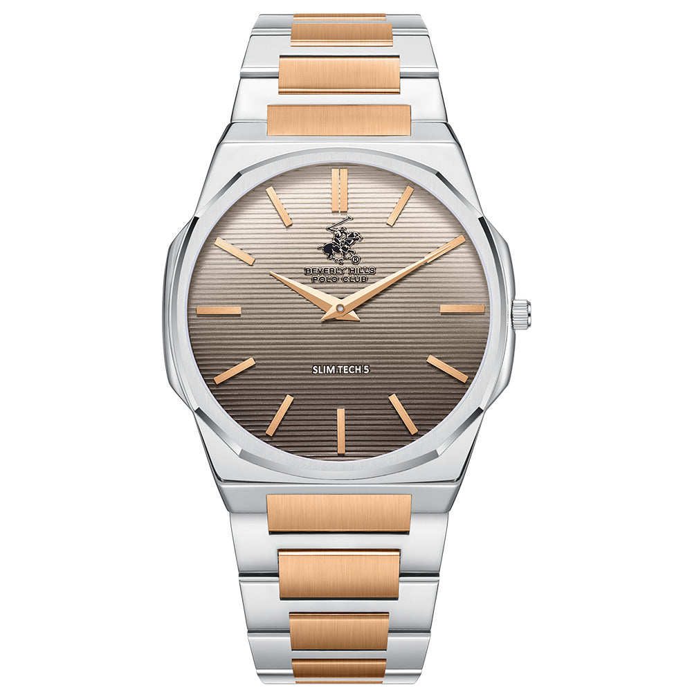 Beverly Hills Polo Club Men's Analog Watch with Dark Brown Dial and Silver and rose-gold-111 Stainless Steel Band, BP3897X.540