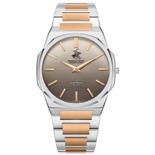 Beverly Hills Polo Club Men's Analog Watch with Dark Brown Dial and Silver and rose-gold-111 Stainless Steel Band, BP3897X.540