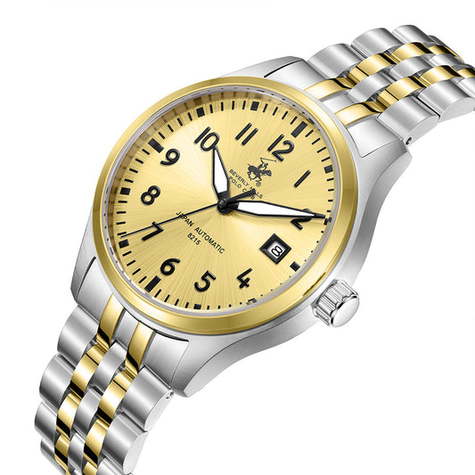 Beverly Hills Polo Club Men's Automatic Watch with Light Champagne Dial and Silver and Gold Stainless Steel Band, BP3900X.210