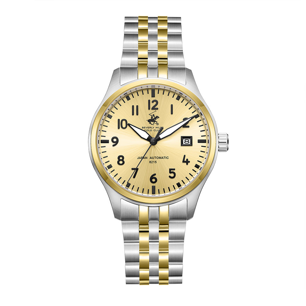 Beverly Hills Polo Club Men's Automatic Watch with Light Champagne Dial and Silver and Gold Stainless Steel Band, BP3900X.210