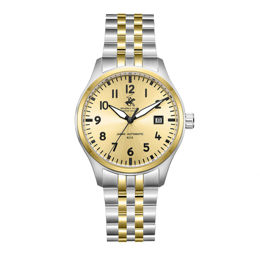 Beverly Hills Polo Club Men's Automatic Watch with Light Champagne Dial and Silver and Gold Stainless Steel Band, BP3900X.210