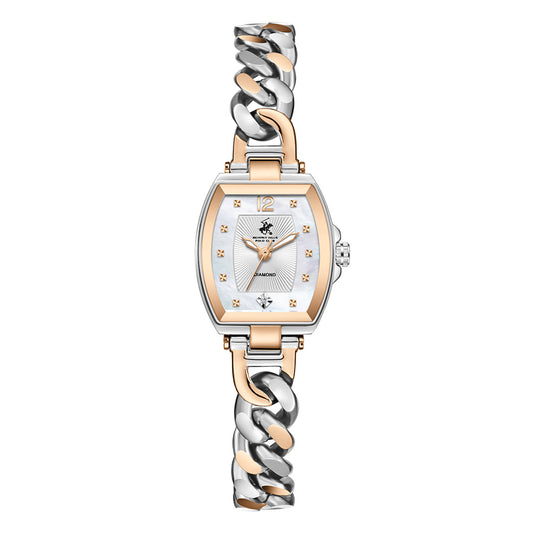 Beverly Hills Polo Club Women's Diamond Accent Analog Watch with White Mother of Pearl Dial and Silver and rose-gold-111 Stainless Steel Band, BP3902C.520